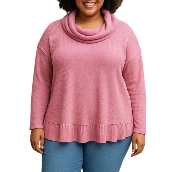 Terra & Sky Pink Cowl Neck Sweater Ruffle Hem Knit Pullover Top Plus Size 1X - Picture 1 of 6